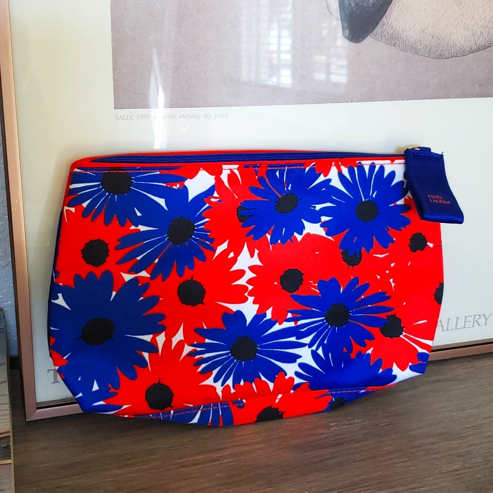 NEW Estee Lauder Blue Red Flower pouch makeup necessaire Zipper